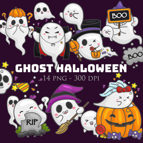 Cute Funny Ghost Halloween Jack O Lantern Pumpkin Cartoon Background Decoration Party Illustration Vector Clipart Sticker cover image.