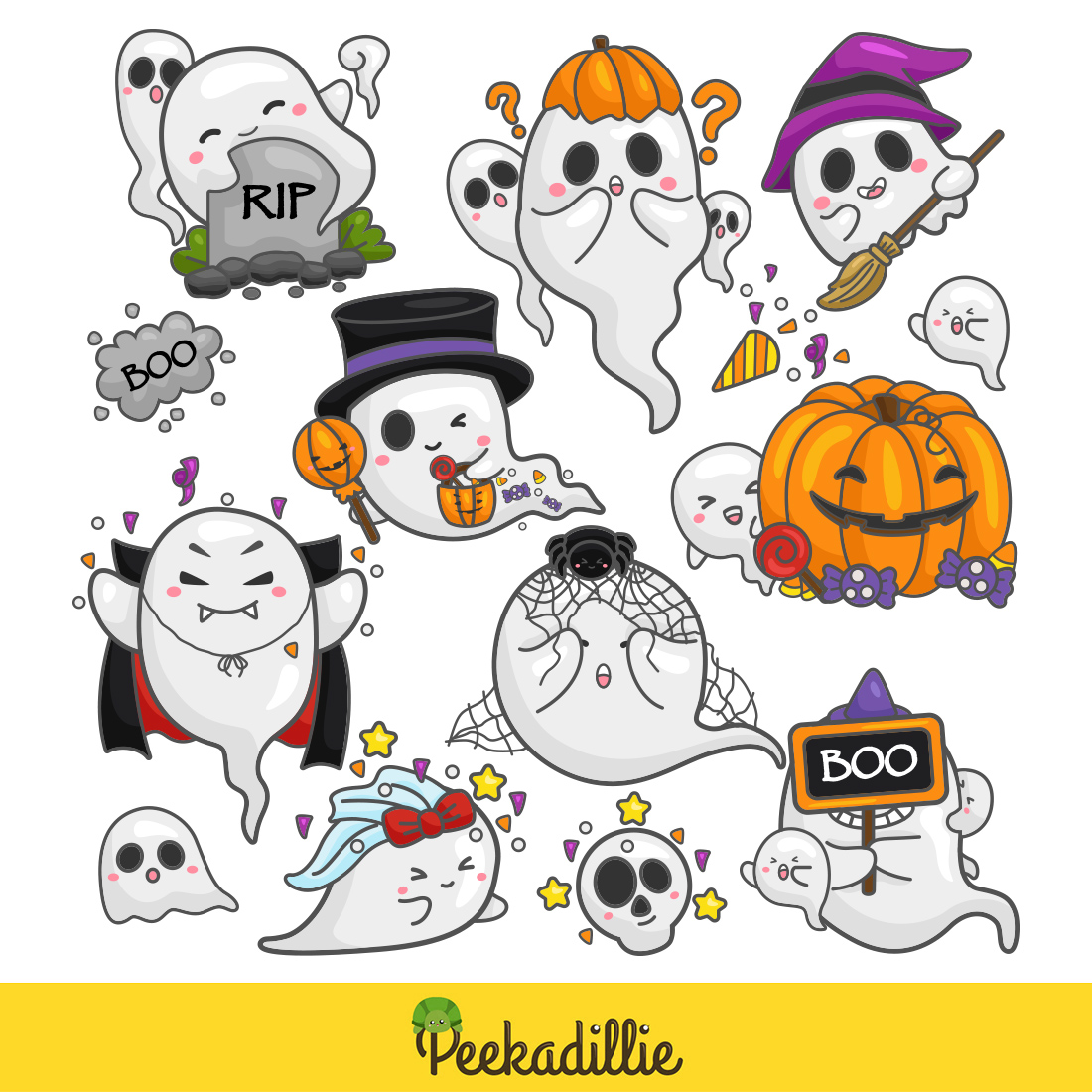 Cute Funny Ghost Halloween Jack O Lantern Pumpkin Cartoon Background Decoration Party Illustration Vector Clipart Sticker preview image.
