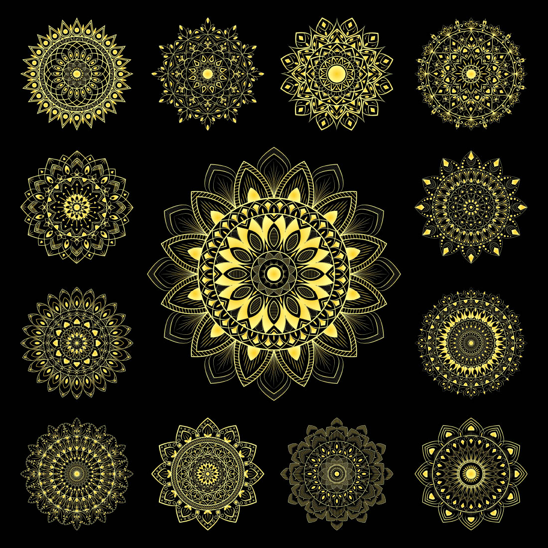 13 Luxury Mandala Bundle Golden Mandala Design with Black Background cover image.