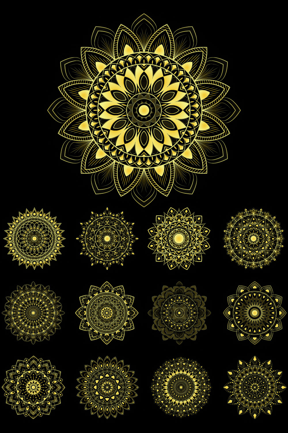 13 Luxury Mandala Bundle Golden Mandala Design with Black Background pinterest preview image.