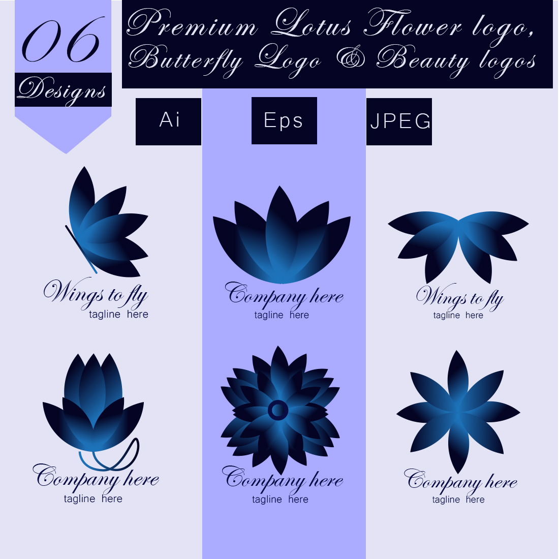 6 Premium Lotus Flower, butterfly Logo, Fashion Logos & Beauty Logos for your brand or Fashion company with Luxury Blue color preview image.