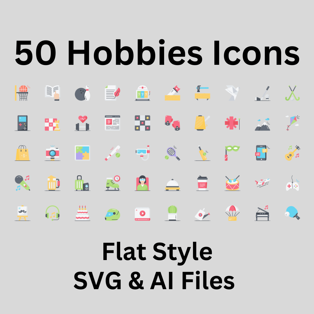 Hobbies Icon Set 50 Flat Icons - SVG And AI Files preview image.