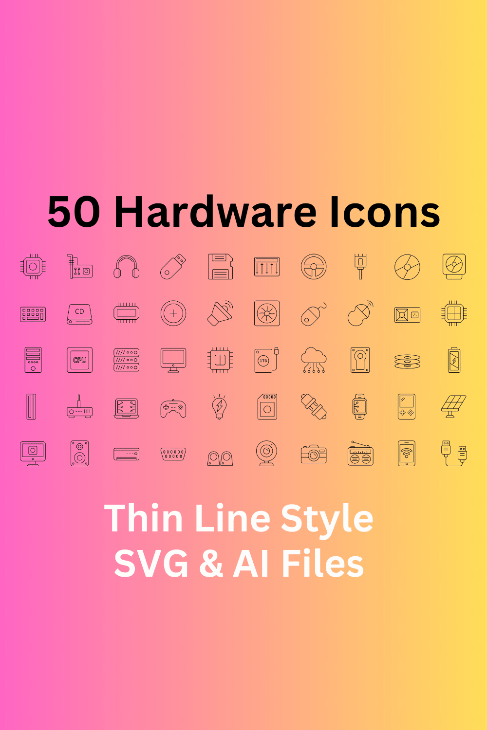 Hardware Set 50 Outline Icons - SVG And AI Files pinterest preview image.