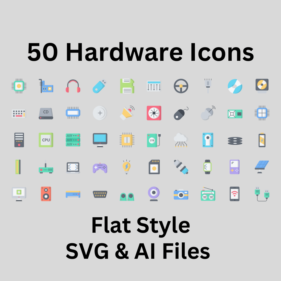 Hardware Set 50 Flat Icons - SVG And AI Files preview image.
