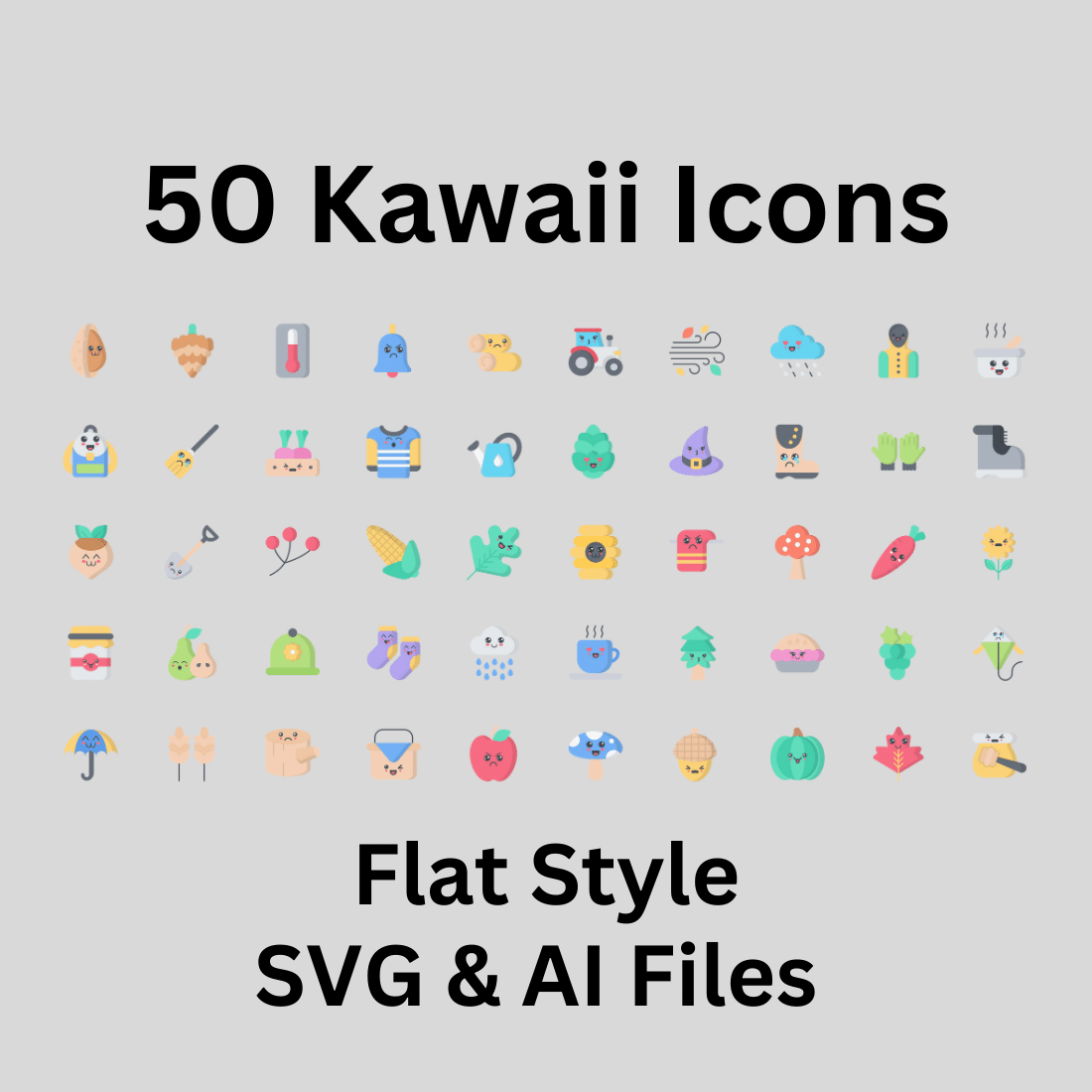 Kawaii Icon Set 50 Flat Icons - SVG And AI Files preview image.