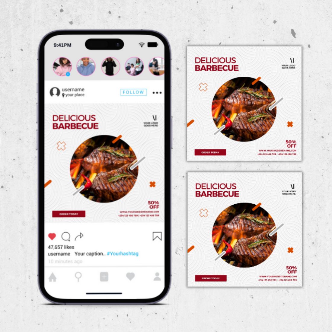 Barbecue Fast Food Social Media Post Template preview image.