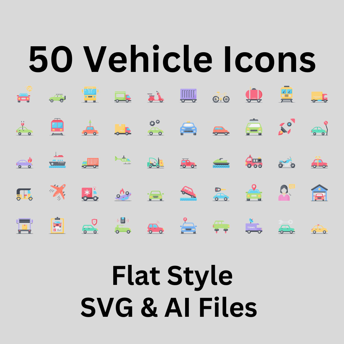 Vehicle Icon Set 50 Flat Icons - SVG And AI Files preview image.