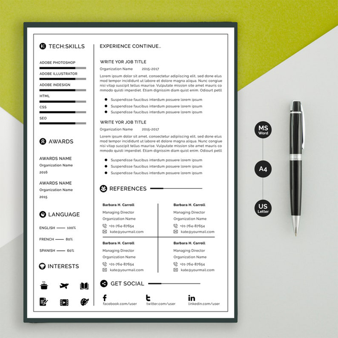 Resume template instant download, Professional resume template, Resume template word, Modern resume template, resume writing, CV template preview image.