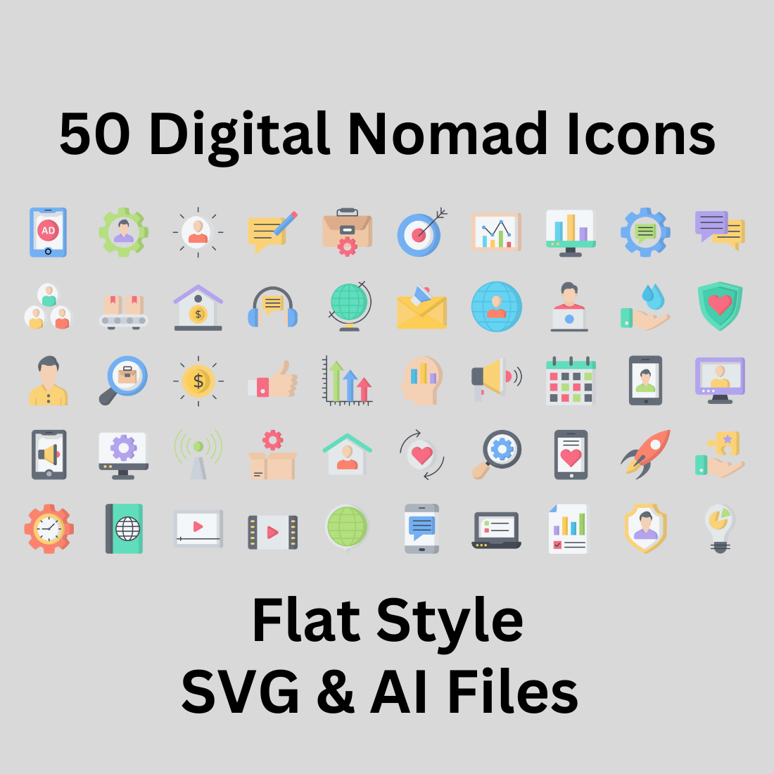 Digital Nomad Icon Set 50 Flat Icons - SVG And AI Files preview image.