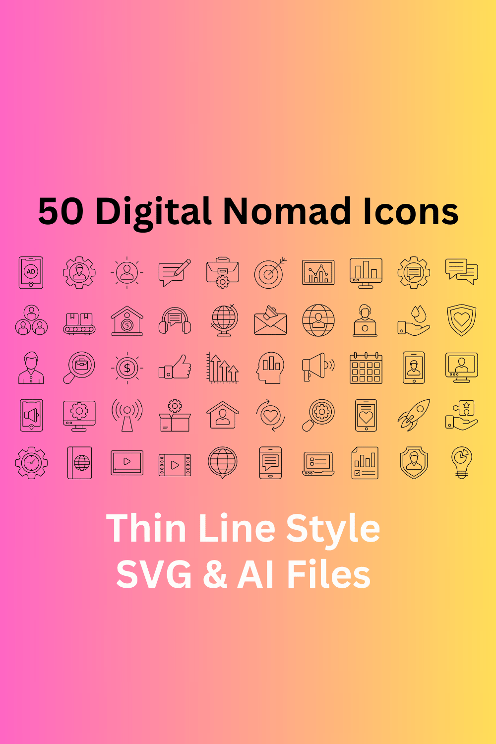 Digital Nomad Icon Set 50 Outline Icons - SVG And AI Files pinterest preview image.