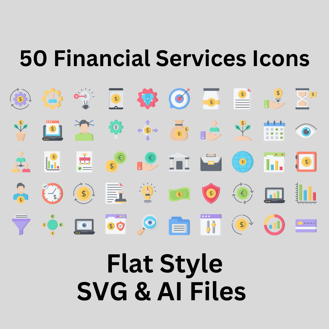 Financial Services Icon Set 50 Flat Icons - SVG And AI Files preview image.