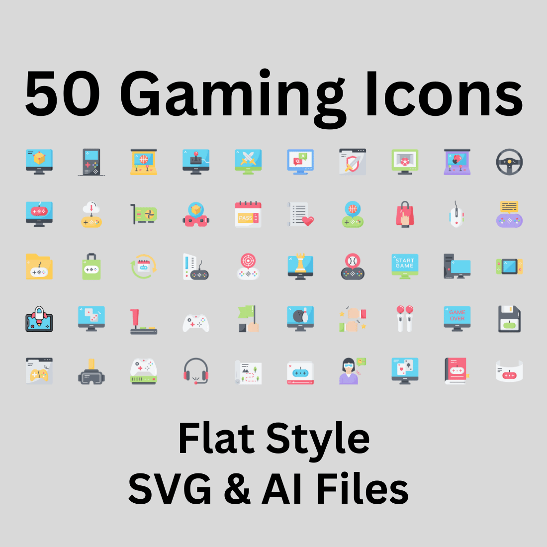 Gaming Set 50 Flat Icons - SVG And AI Files preview image.