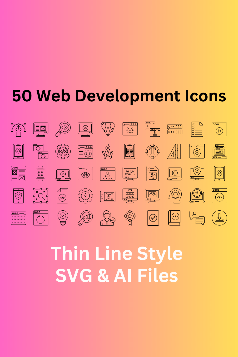 Web Development Icon Set 50 Outline Icons - SVG And AI Files pinterest preview image.