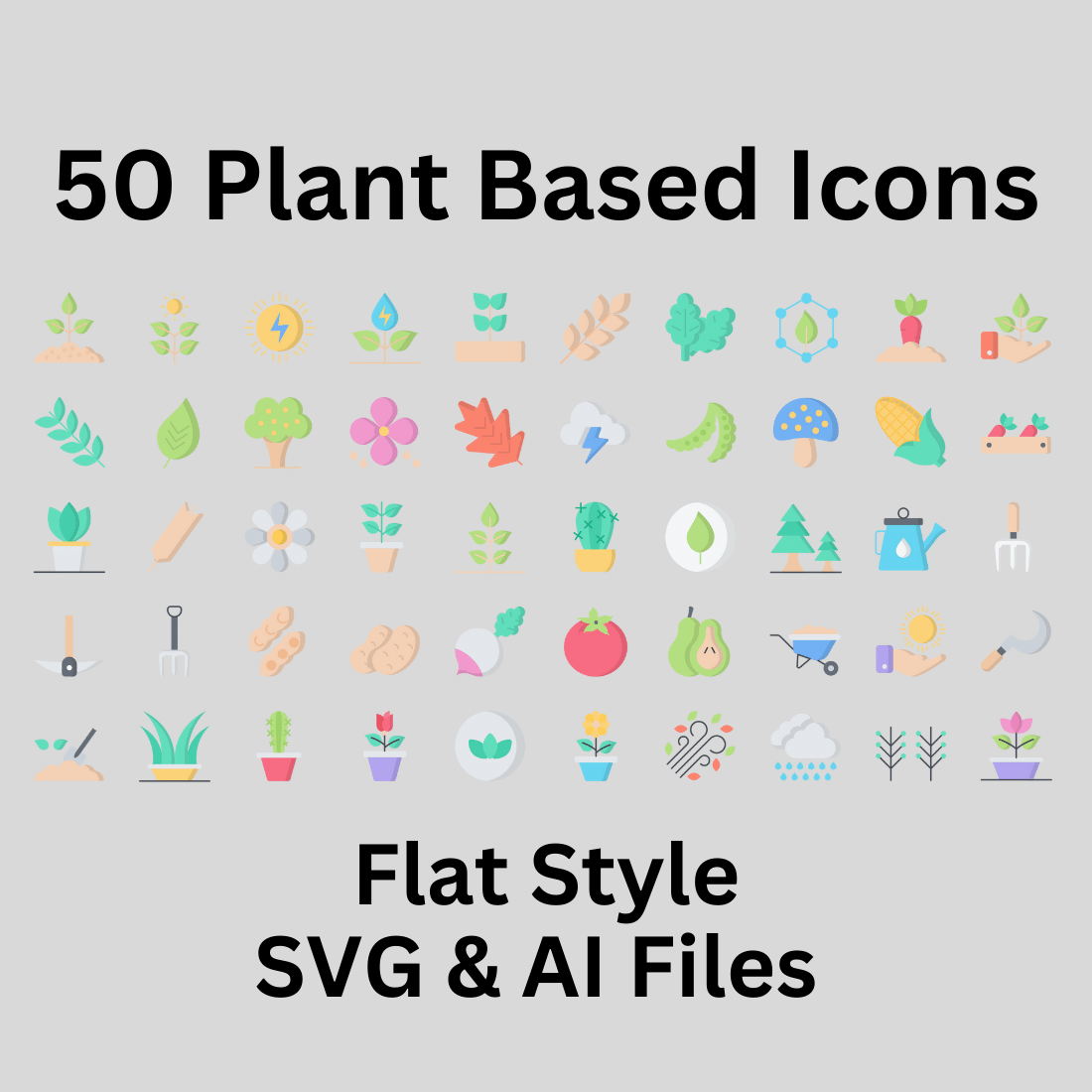 Plant Based Icon Set 50 Flat Icons - SVG And AI Files preview image.