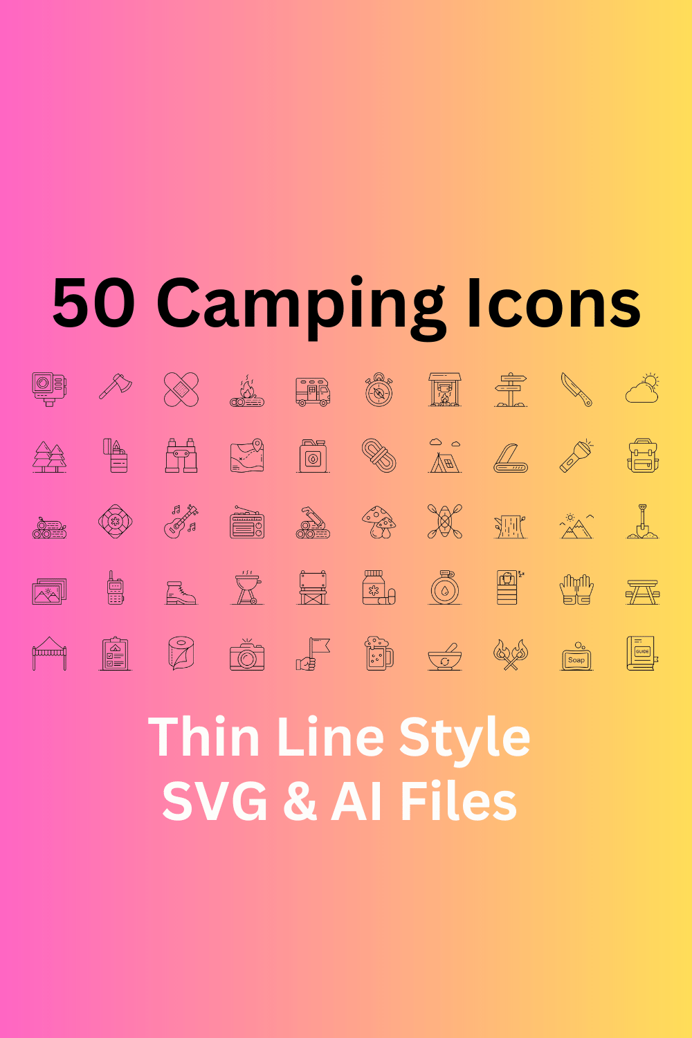 Camping Icon Set 50 Outline Icons - SVG And AI Files pinterest preview image.