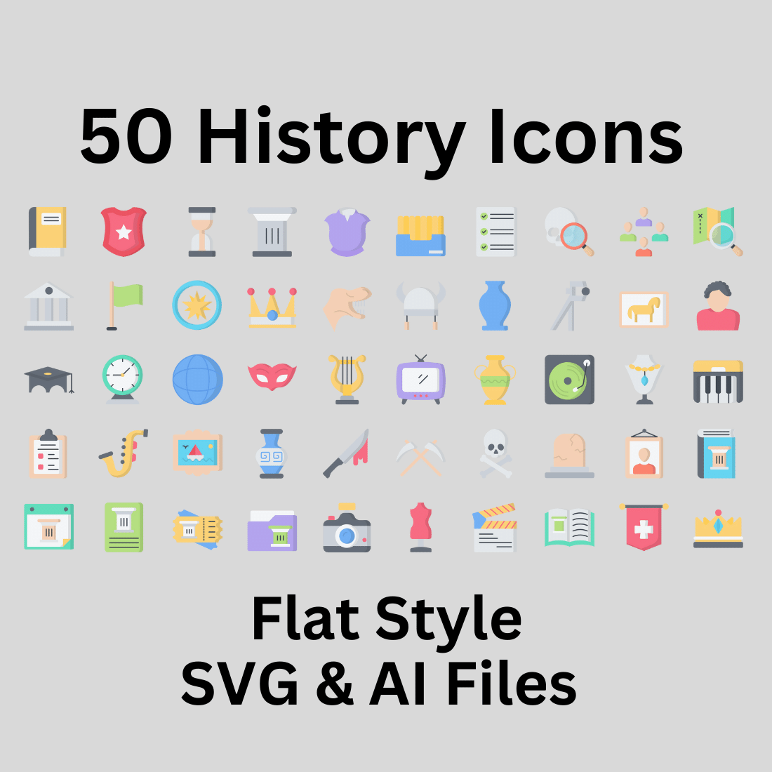 History Icon Set 50 Flat Icons - SVG And AI Files preview image.