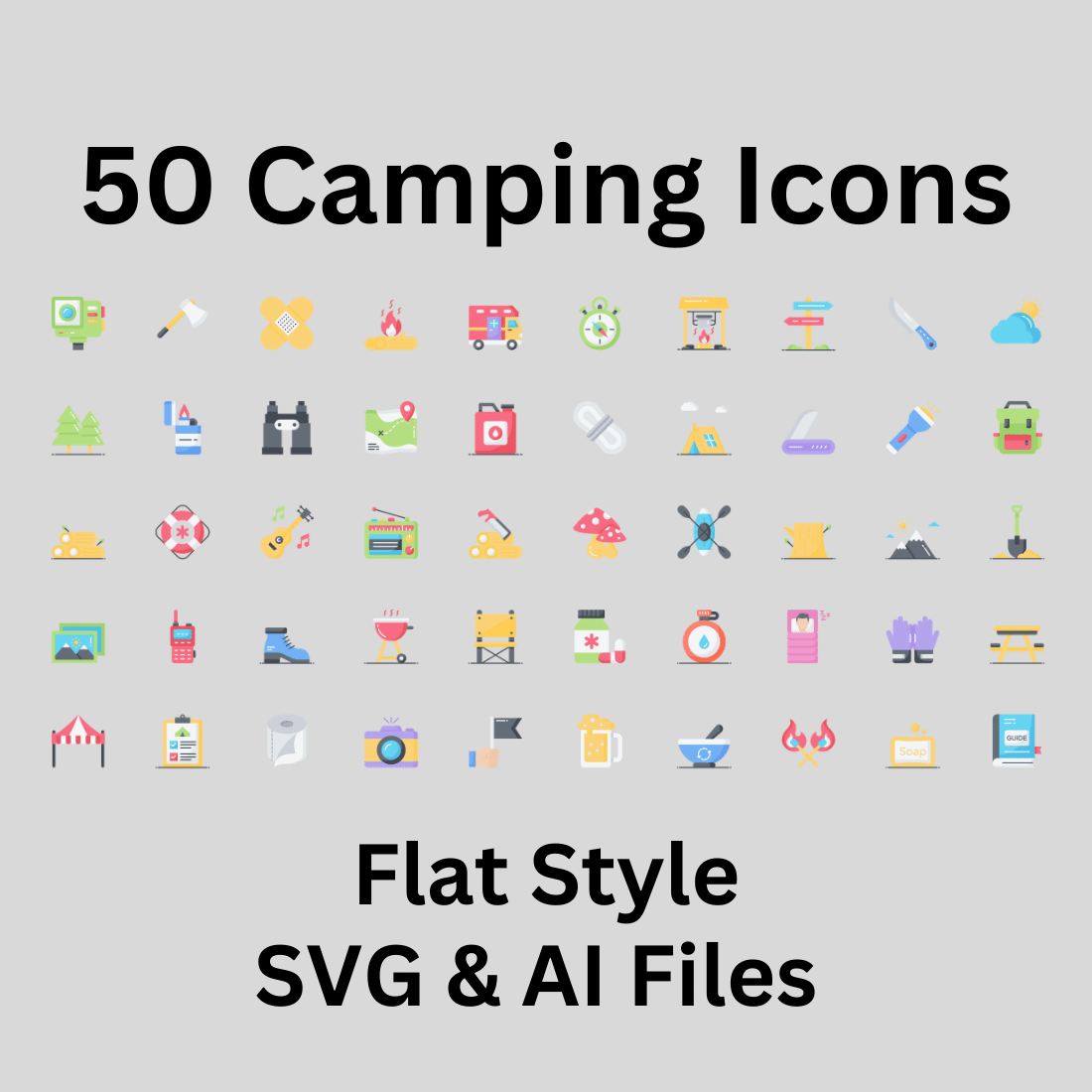 Camping Icon Set 50 Flat Icons - SVG And AI Files preview image.