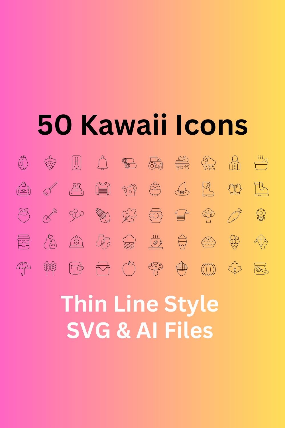 Kawaii Icon Set 50 Outline Icons - SVG And AI Files pinterest preview image.
