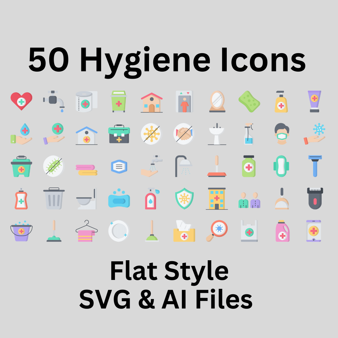 Hygiene Icon Set 50 Flat Icons - SVG And AI Files preview image.