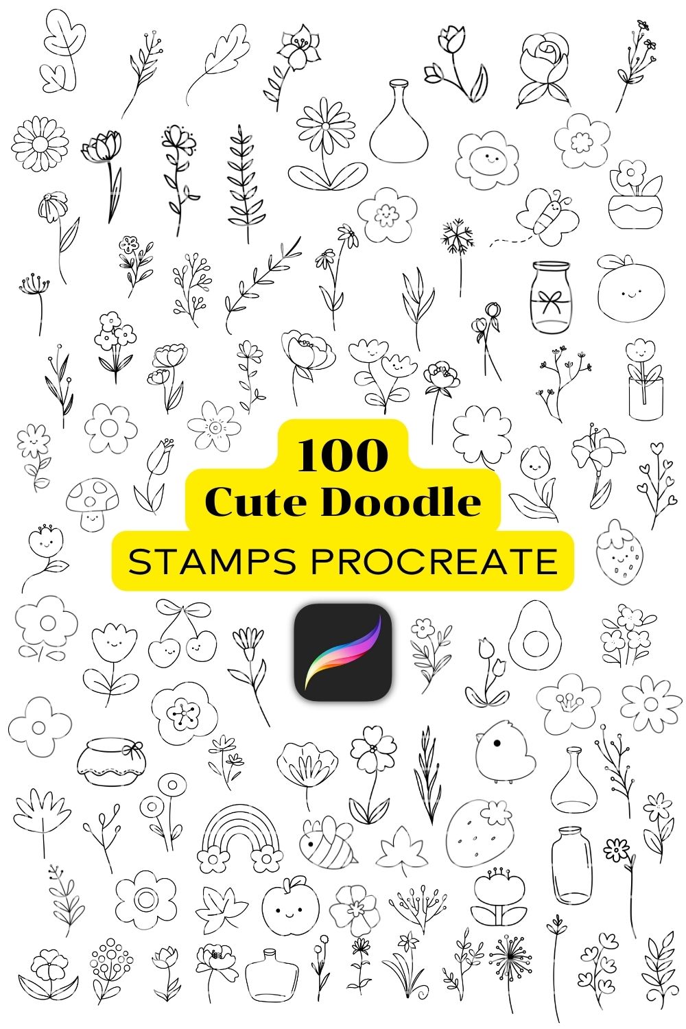 100 Cute Doodle Stamps Procreate pinterest preview image.