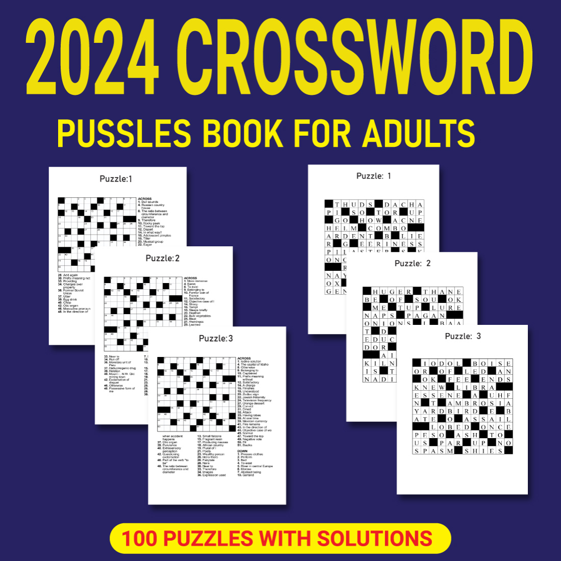 2024 Crossword Puzzles Book For Adults preview image.