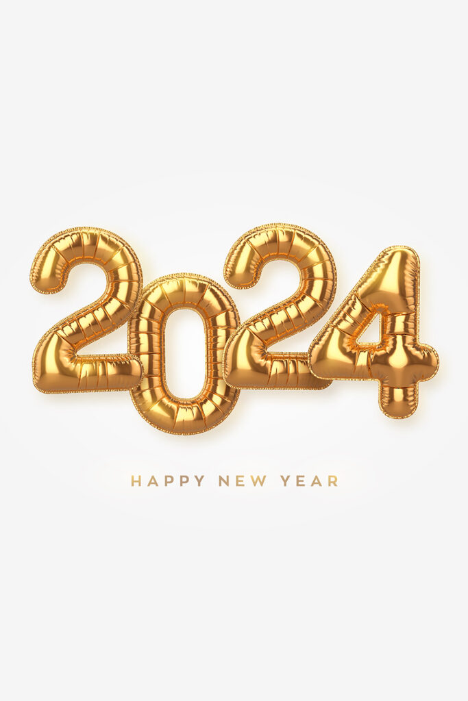 Happy New 2024 Year. Golden foil balloon numbers on white background