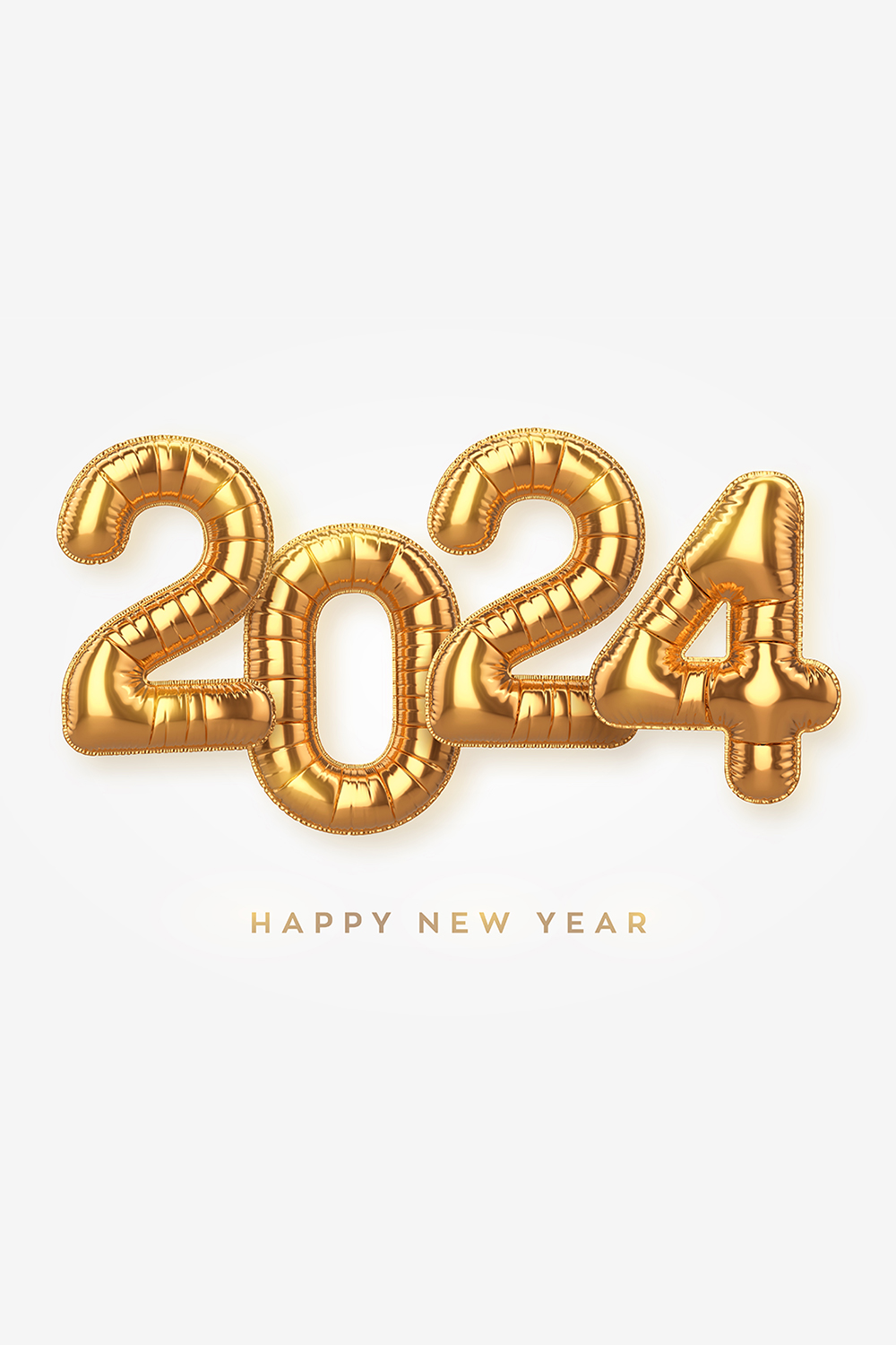 Golden foil balloon numbers 2024 on white background High detailed 3D realistic gold foil helium balloons Vector illustration pinterest preview image.