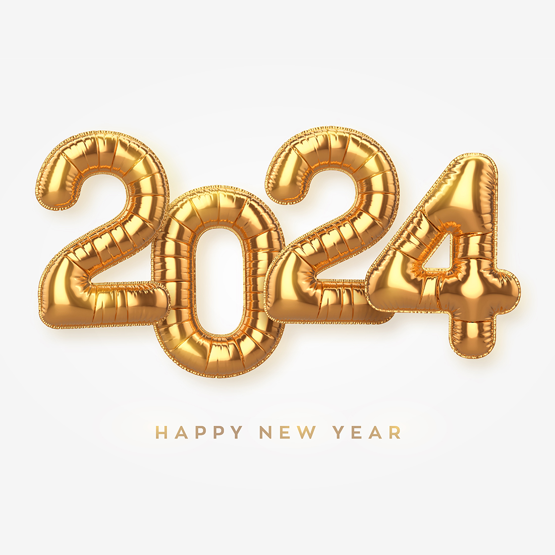 Happy New 2024 Year. Golden foil balloon numbers on white background