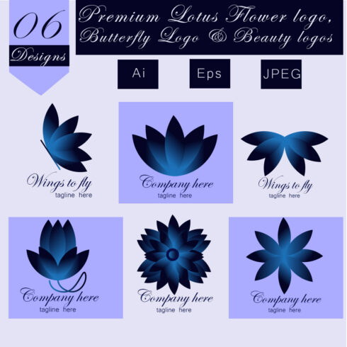 6 Premium Lotus Flower, butterfly Logo, Fashion Logos & Beauty Logos for your brand or Fashion company with Luxury Blue color cover image.