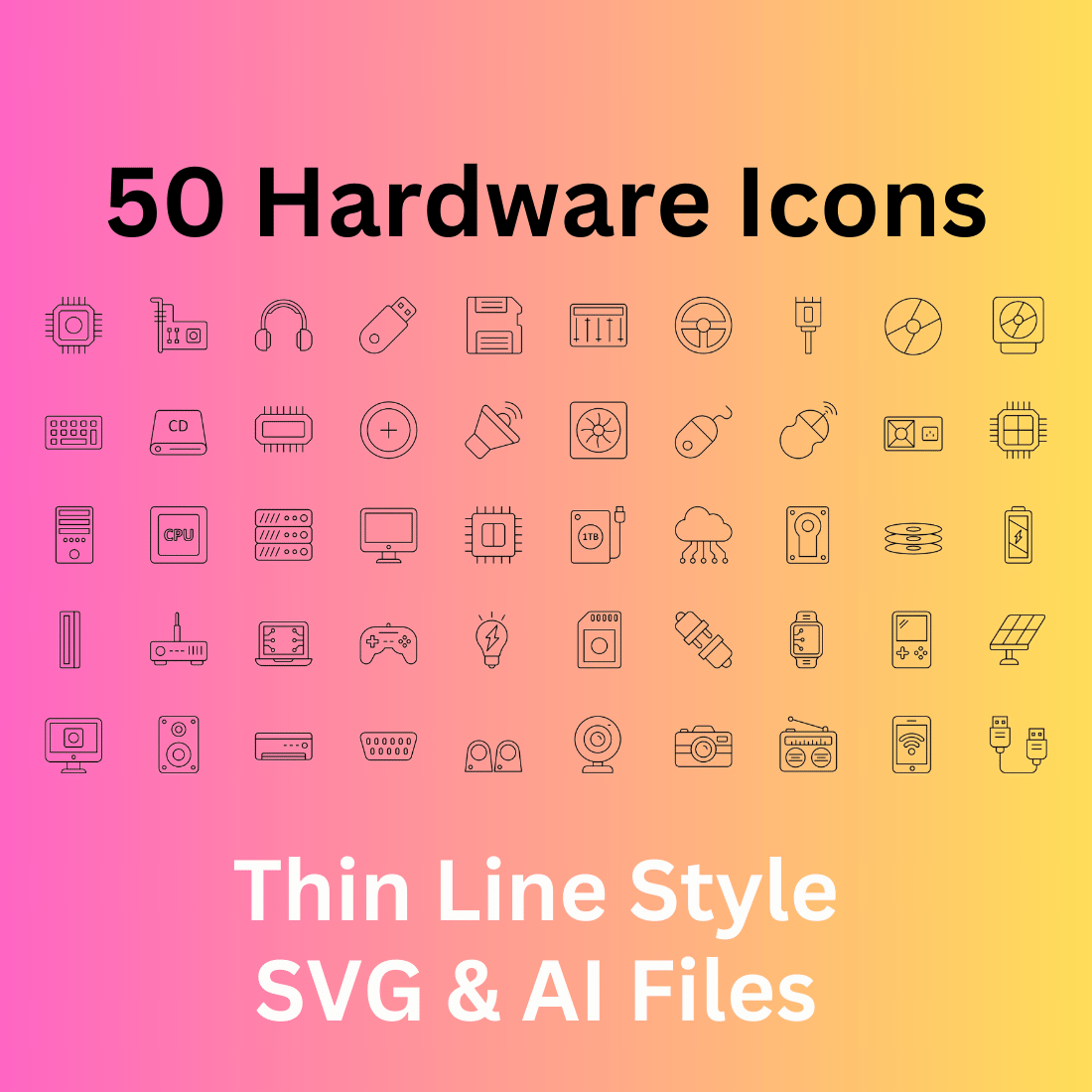 Hardware Set 50 Outline Icons - SVG And AI Files cover image.