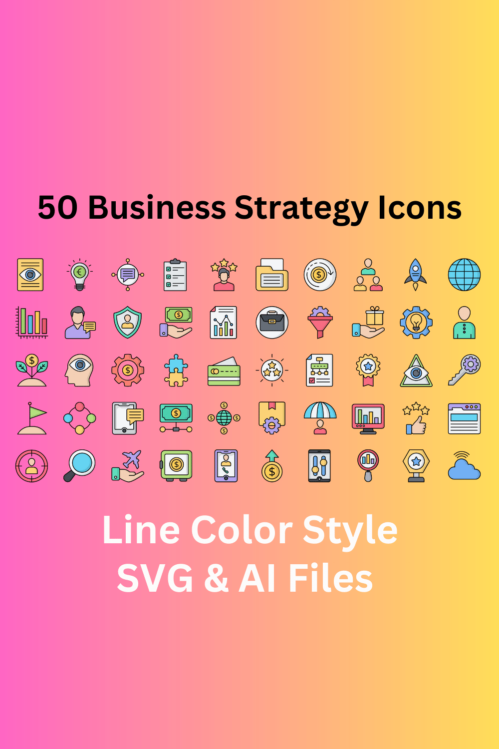 Business Strategy Icon Set 50 Line Color Icons - SVG And AI Files pinterest preview image.
