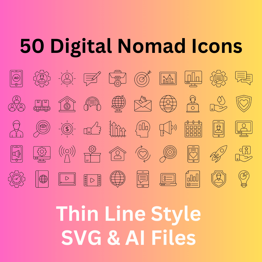 Digital Nomad Icon Set 50 Outline Icons - SVG And AI Files cover image.