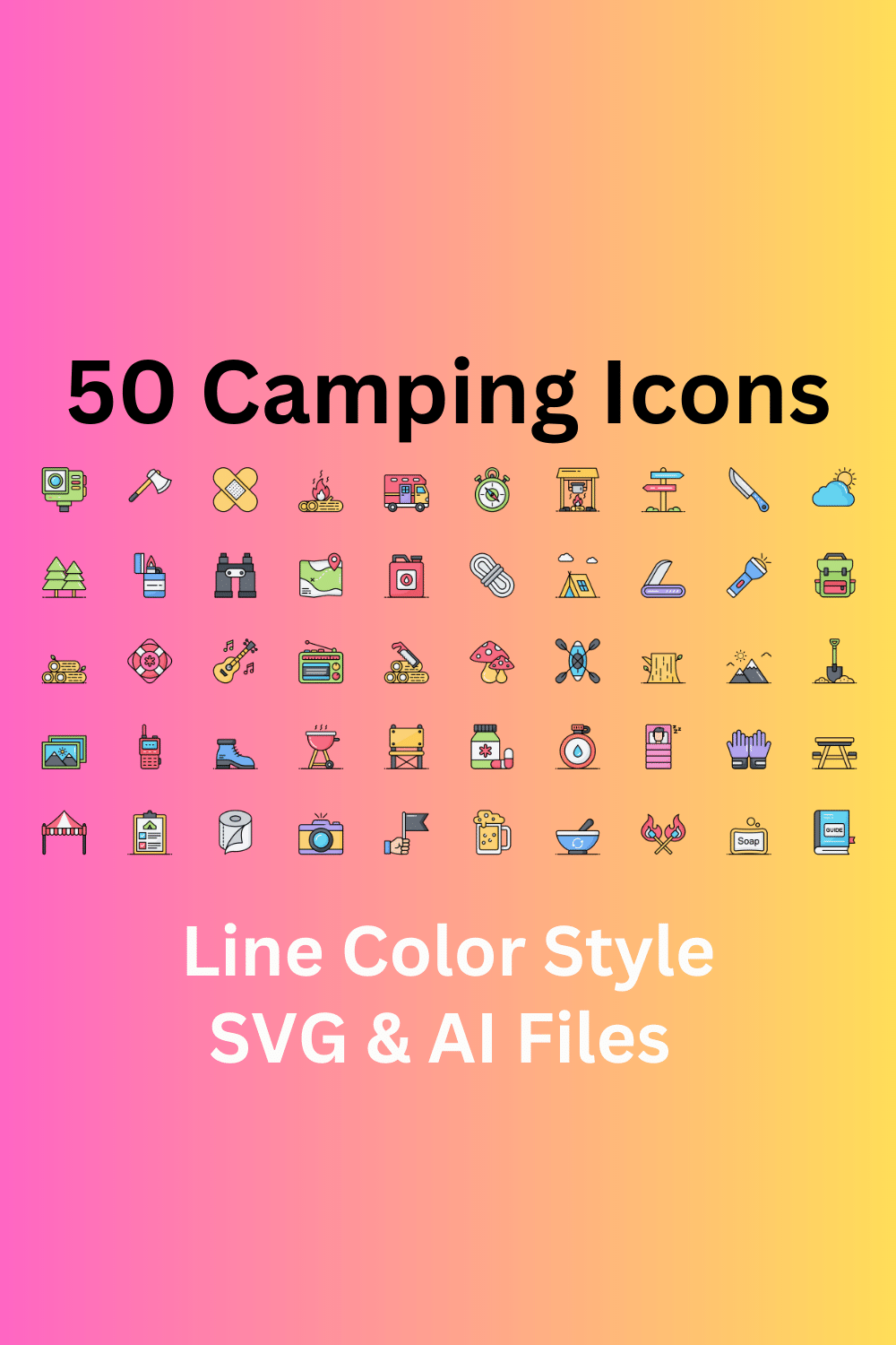 Camping Icon Set 50 Line Color Icons - SVG And AI Files pinterest preview image.
