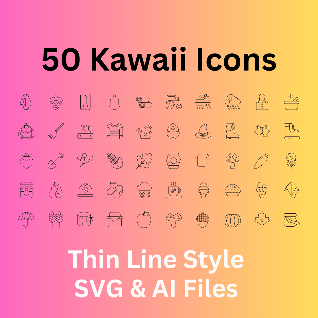 Kawaii Icon Set 50 Outline Icons - SVG And AI Files cover image.