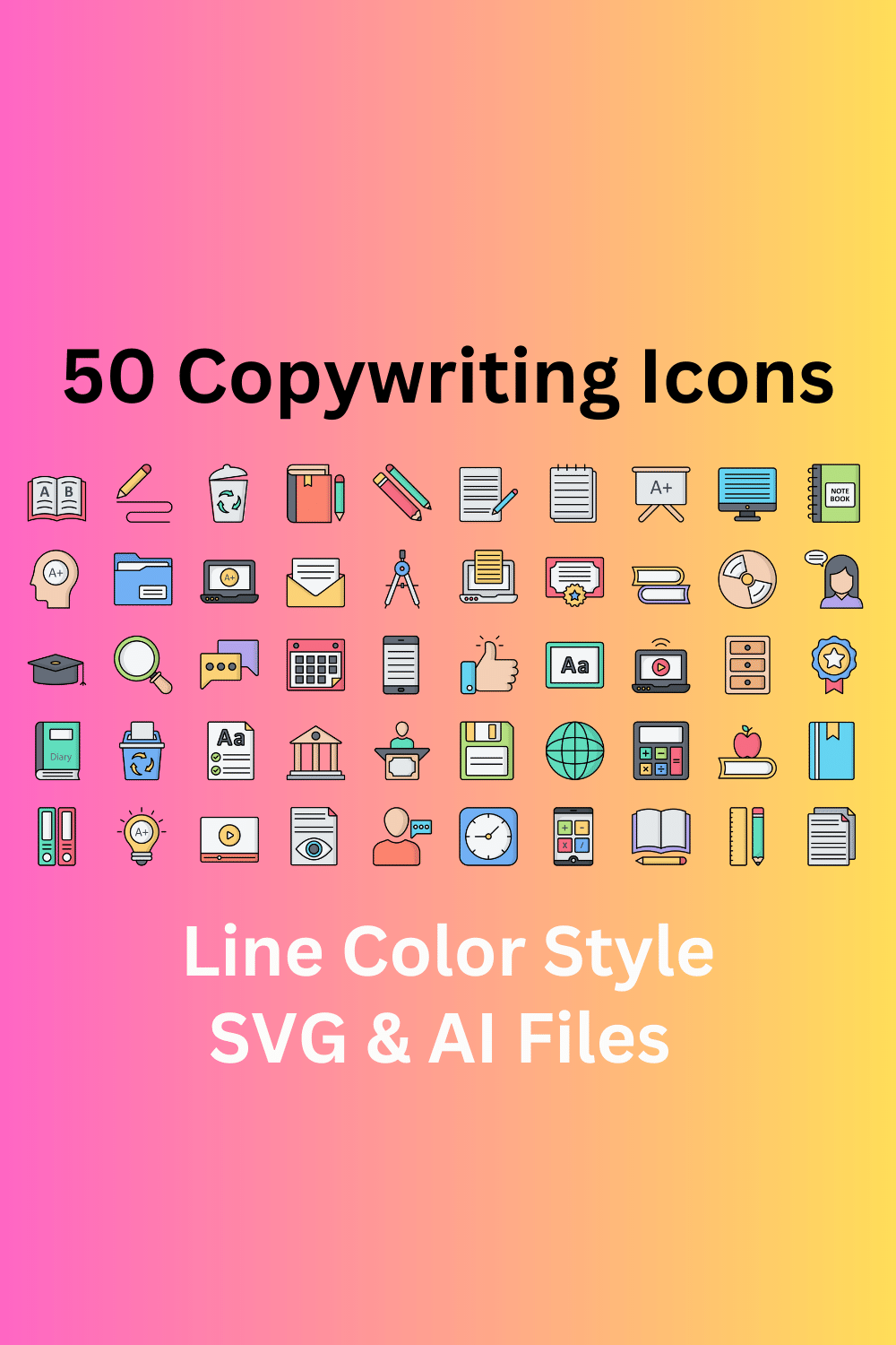 Copywriting Icon Set 50 Line Color Icons - SVG And AI Files pinterest preview image.