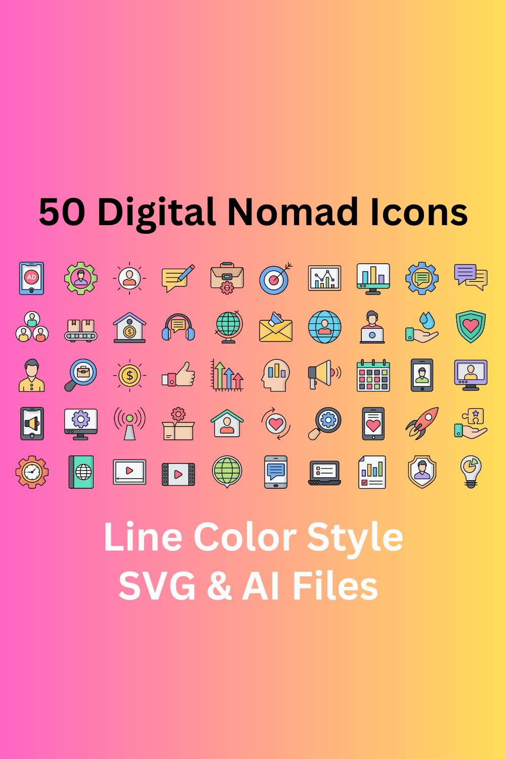Digital Nomad Icon Set 50 Line Color Icons - SVG And AI Files pinterest preview image.