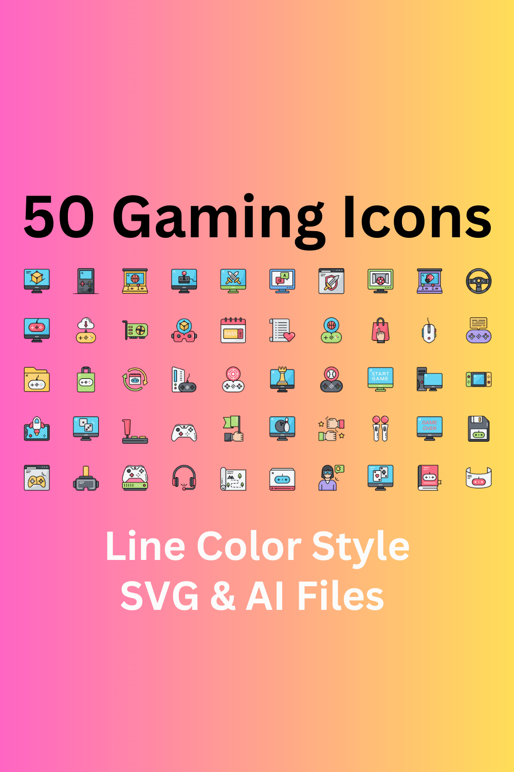 Gaming Icon Set 50 Line Color Icons - SVG And AI Files pinterest preview image.