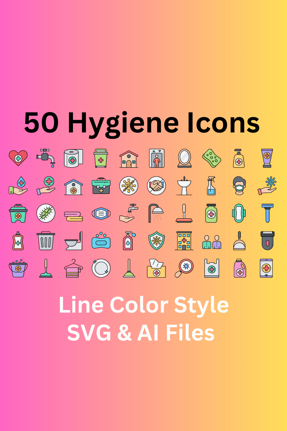 Hygiene Icon Set 50 Line Color Icons - SVG And AI Files pinterest preview image.