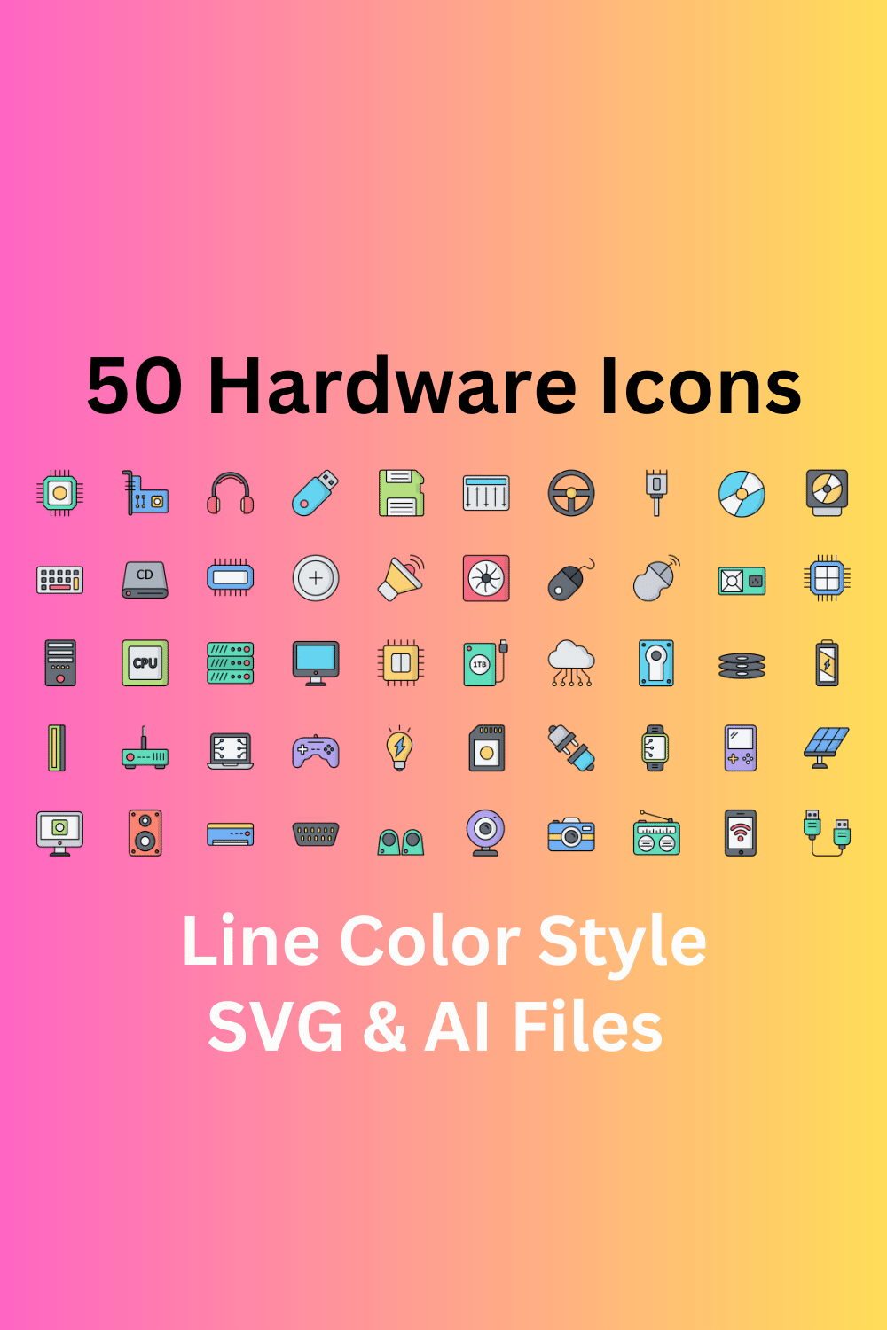 Hardware Set 50 Line Color Icons - SVG And AI Files pinterest preview image.