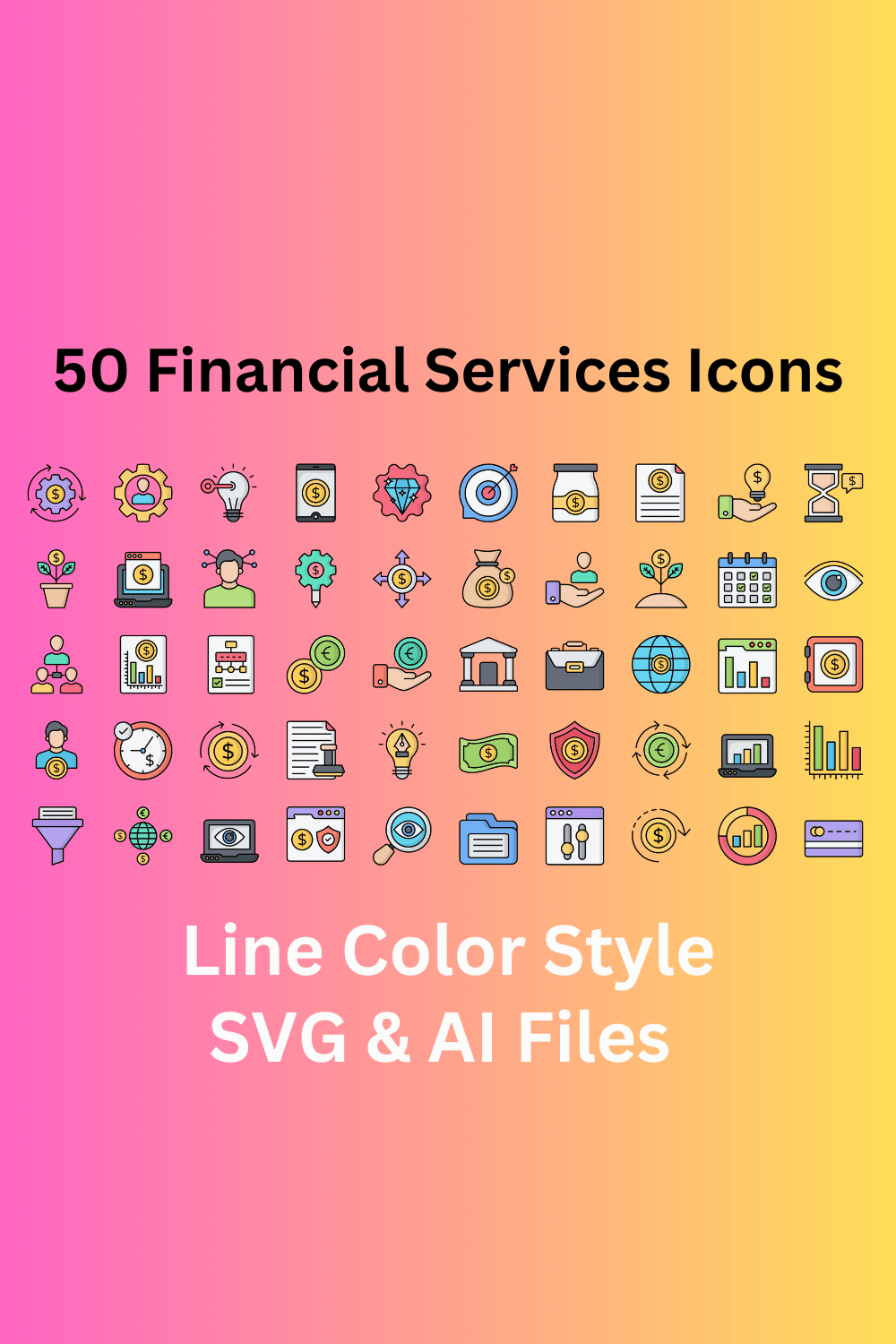 Financial Services Icon Set 50 Line Color Icons - SVG And AI Files pinterest preview image.