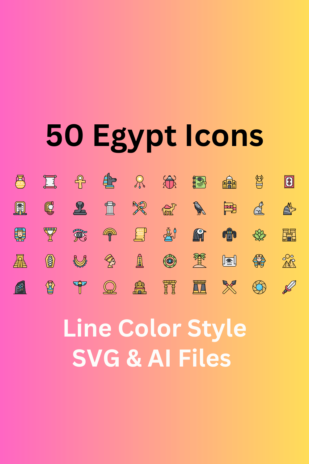 Egypt Icon Set 50 Line Color Icons - SVG And AI Files pinterest preview image.