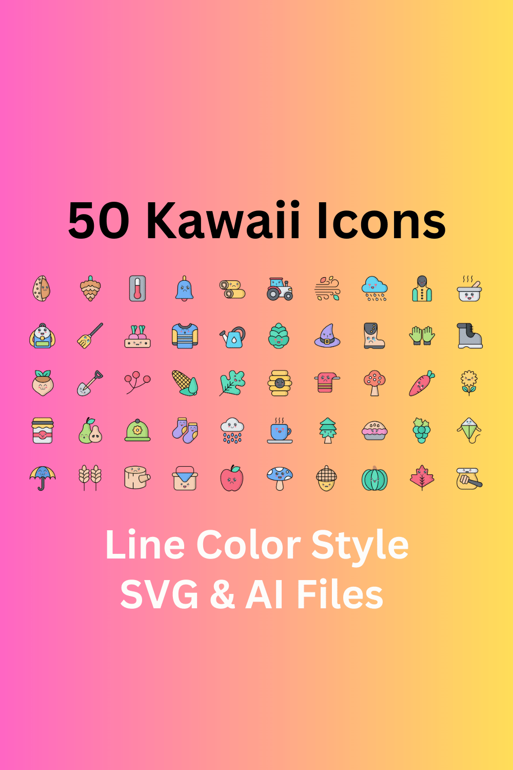 Kawaii Icon Set 50 Line Color Icons - SVG And AI Files pinterest preview image.