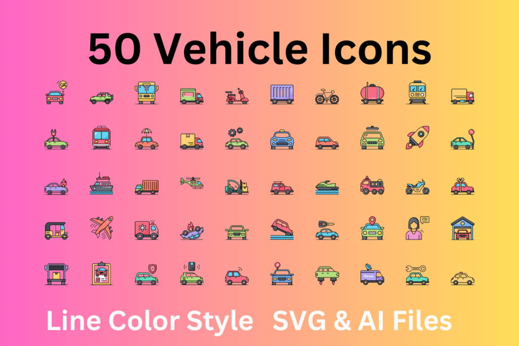 Vehicle Icon Set 50 Line Color Icons - SVG And AI Files - MasterBundles