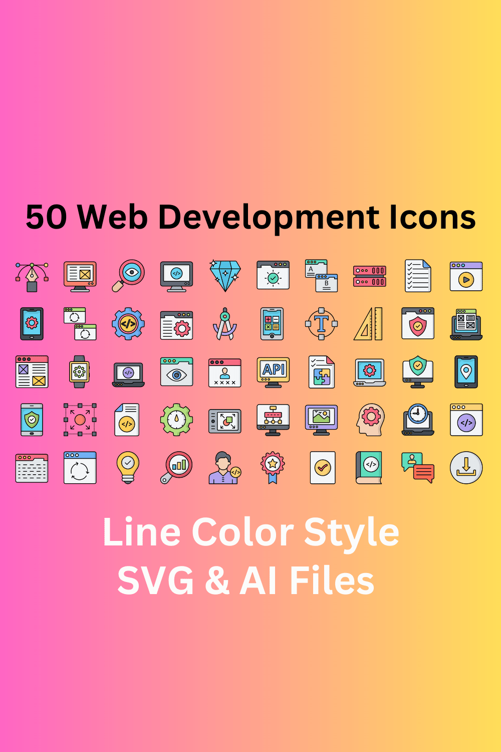 Web Development Icon Set 50 Line Color Icons - SVG And AI Files pinterest preview image.