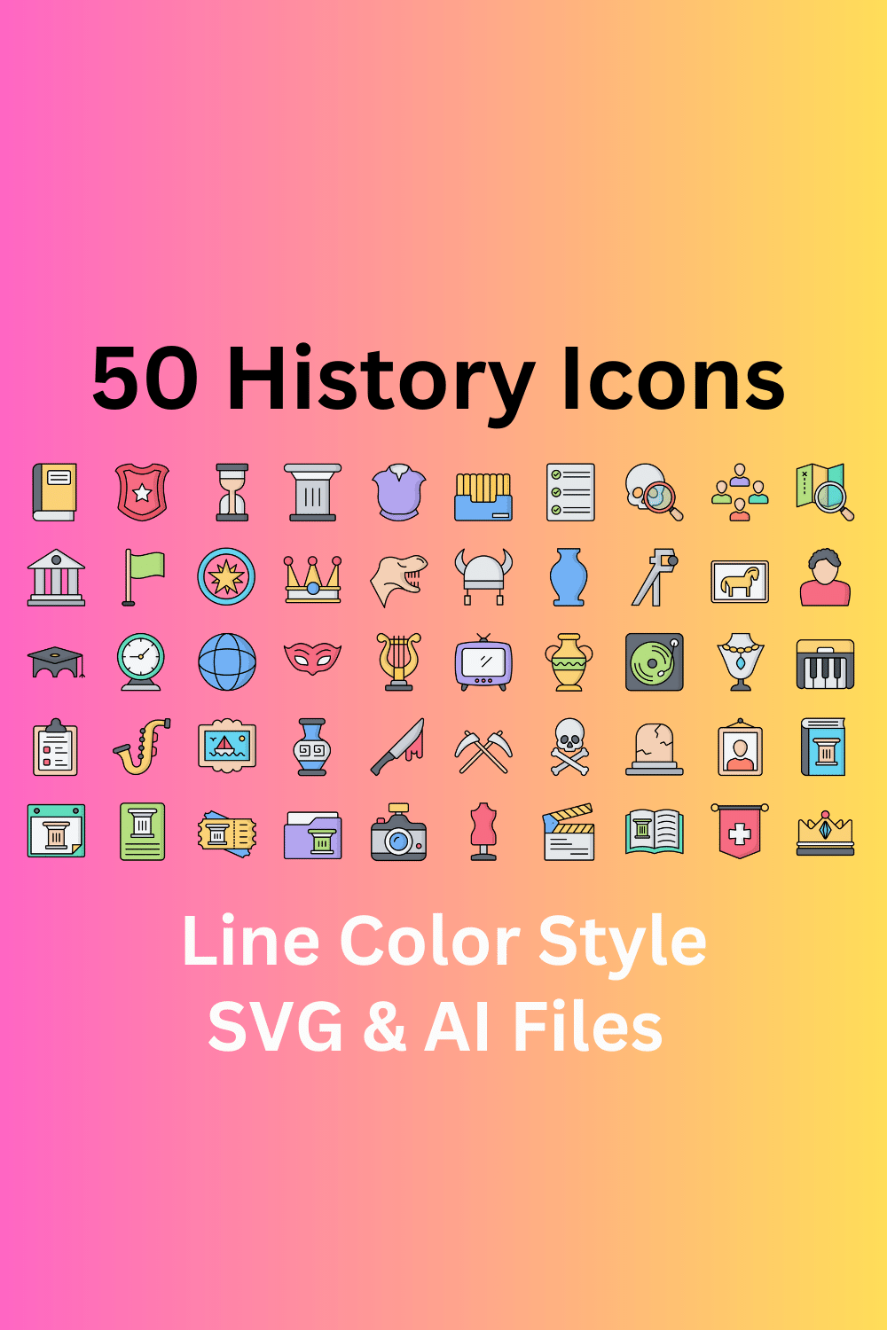 History Icon Set 50 Line Color Icons - SVG And AI Files pinterest preview image.