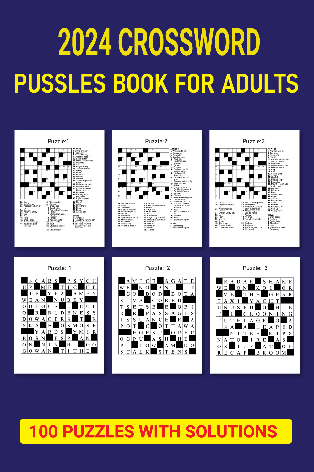 2024 Crossword Puzzles Book For Adults pinterest preview image.