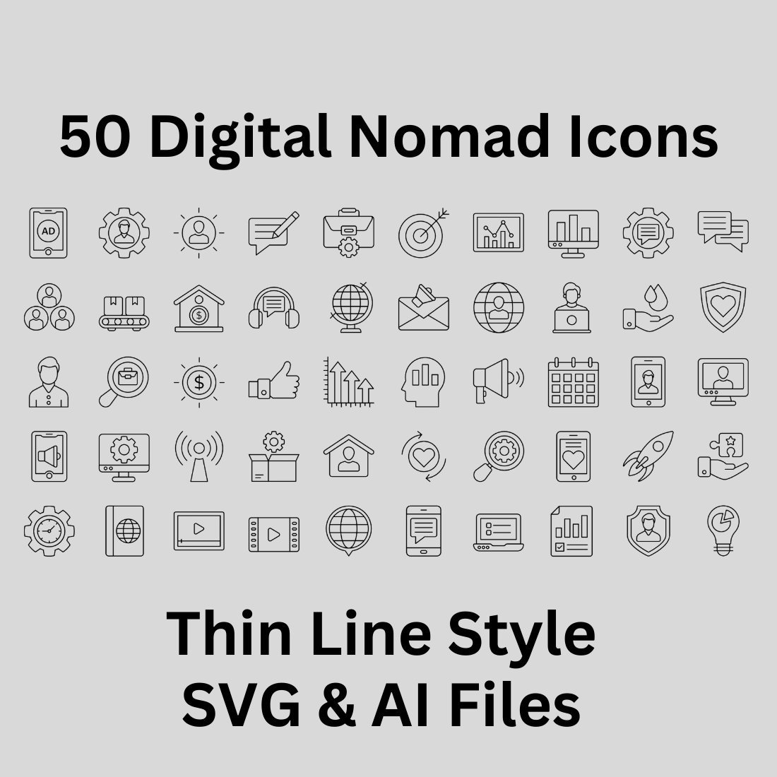 Digital Nomad Icon Set 50 Outline Icons - SVG And AI Files preview image.