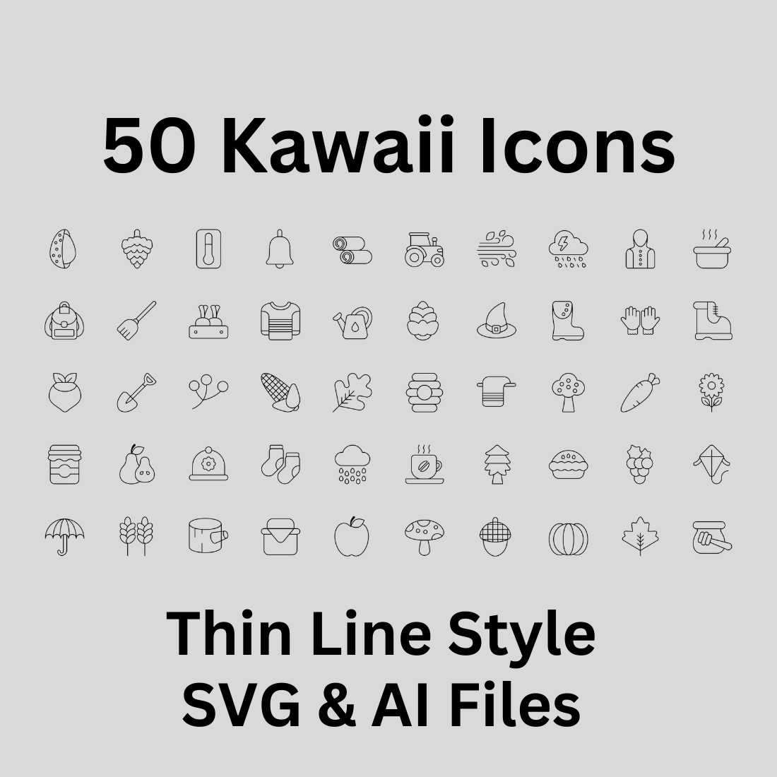 Kawaii Icon Set 50 Outline Icons - SVG And AI Files preview image.