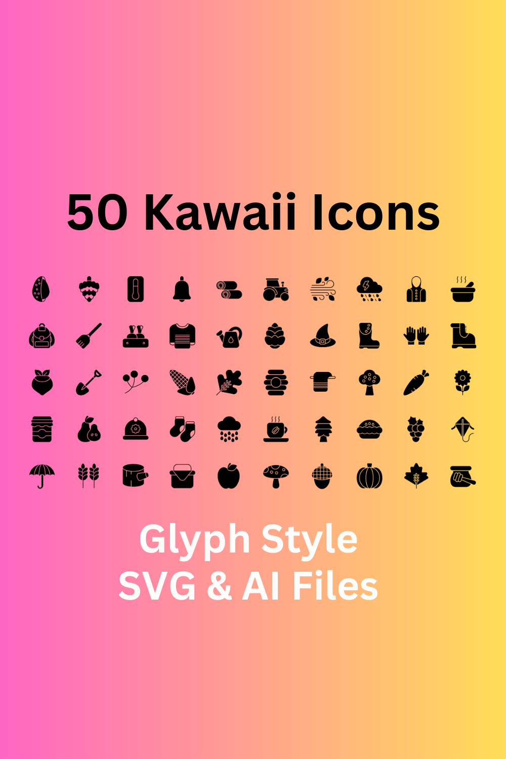 Kawaii Icon Set 50 Glyph Icons - SVG And AI Files pinterest preview image.
