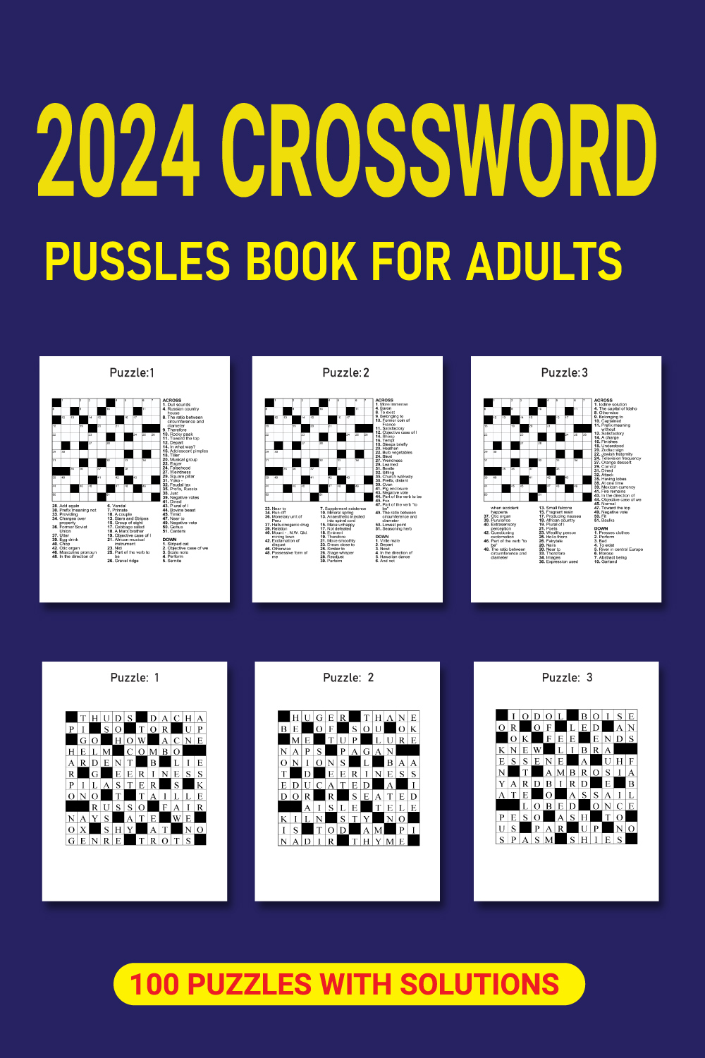 2024 Crossword Puzzles Book For Adults pinterest preview image.